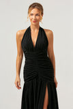Vestido de dama de honor largo plisado sin espalda halter de sirena negro