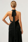 Vestido de dama de honor largo plisado sin espalda halter de sirena negro
