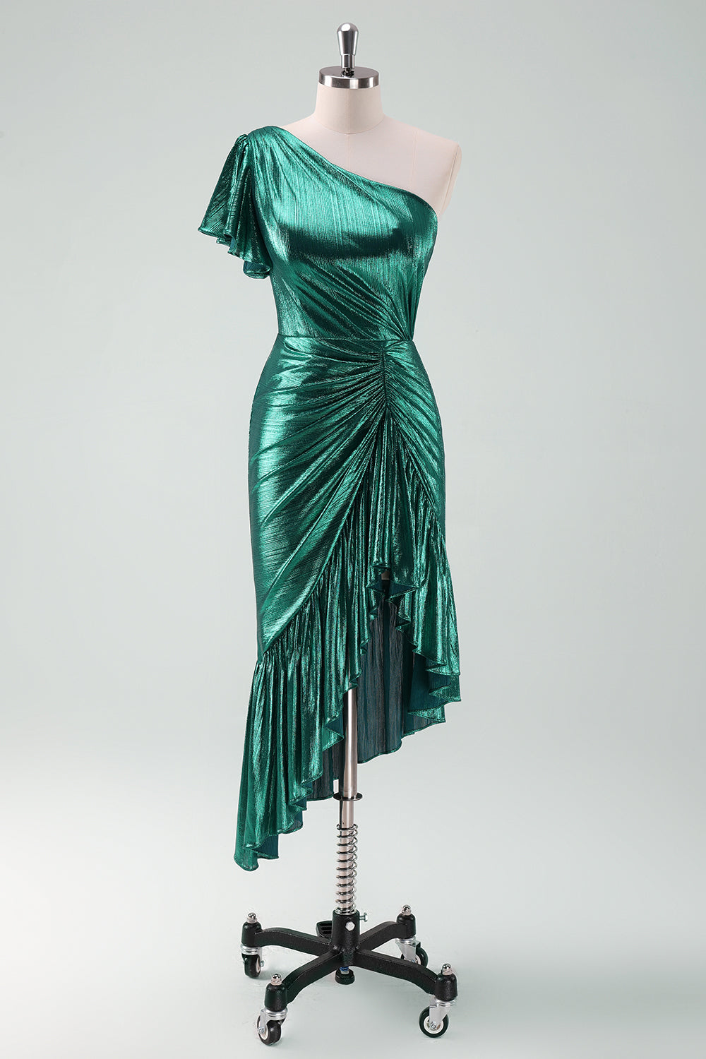 Vestido de cóctel sirena de un hombro metalizado verde oscuro con volantes