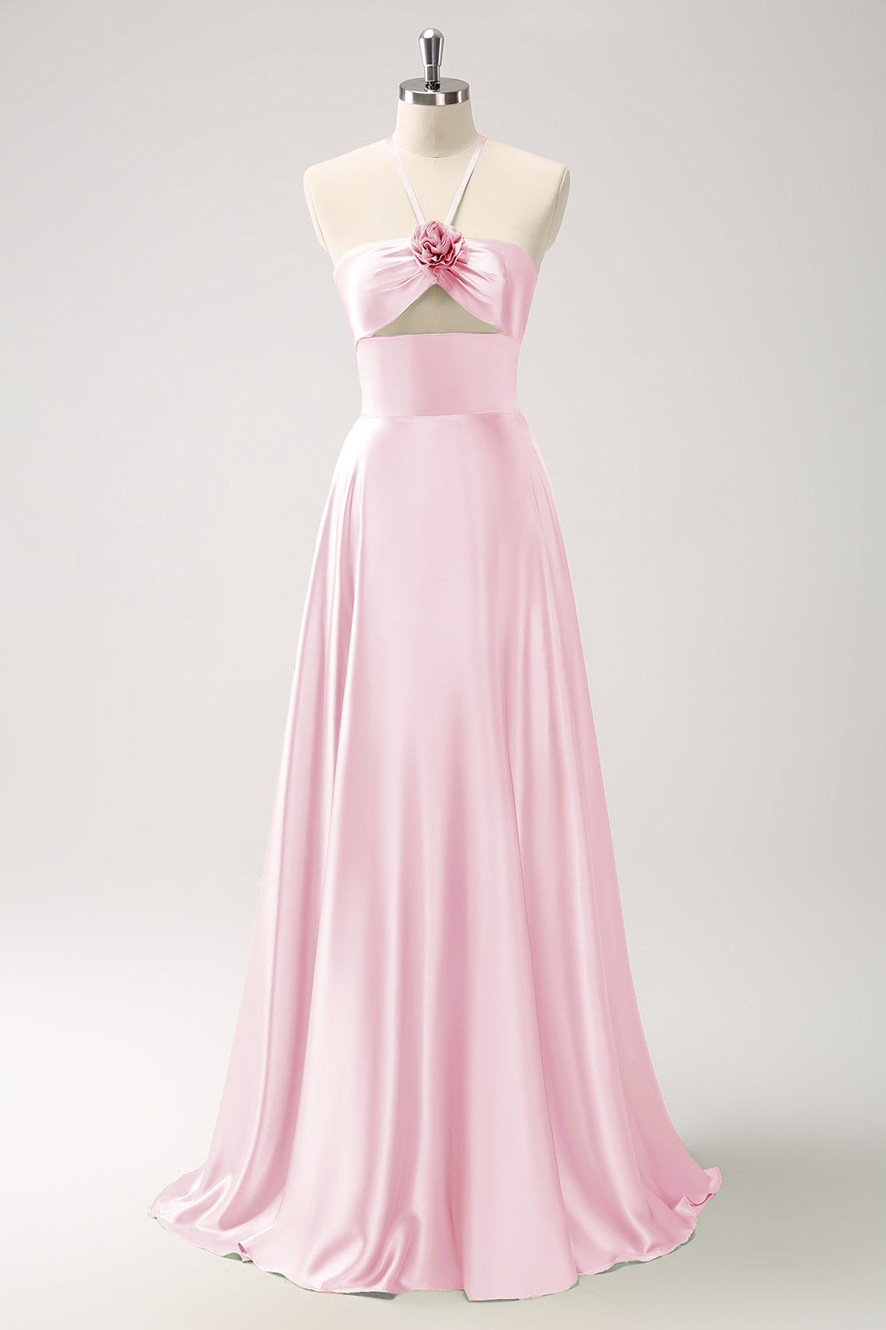 Vestido de dama de honor de satén halter hueco verde claro con flor