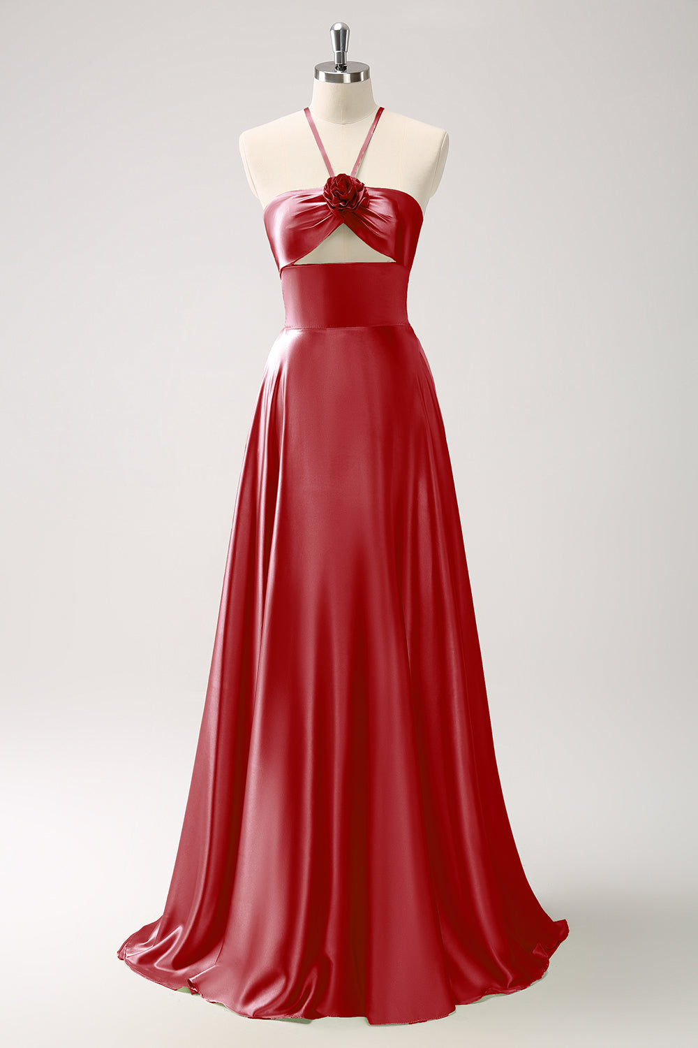 Vestido de dama de honor de satén halter hueco verde claro con flor