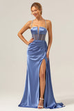Vestido de fiesta con corsé de tirantes de espagueti azul sirena brillante con espalda con cordones en la espalda