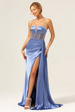 Vestido de fiesta con corsé de tirantes de espagueti azul sirena brillante con espalda con cordones en la espalda