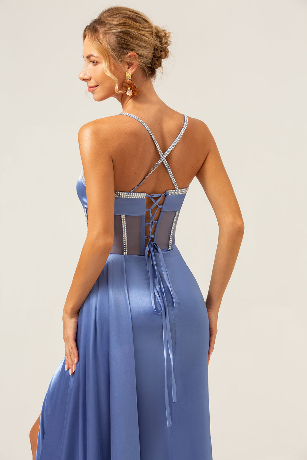 Vestido de fiesta con corsé de tirantes de espagueti azul sirena brillante con espalda con cordones en la espalda