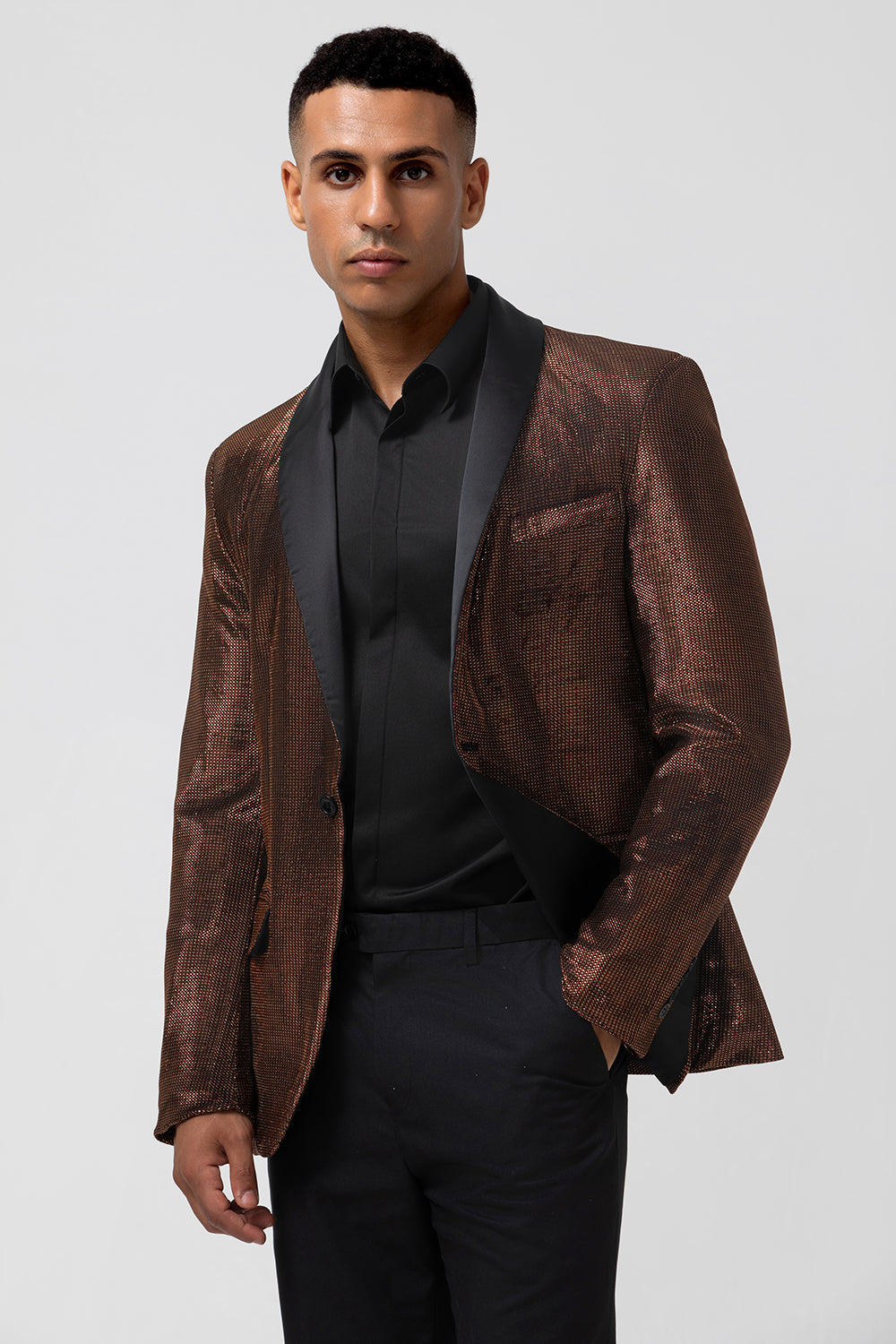 Mantón marrón solapa Blazer de fiesta para hombre con un botón