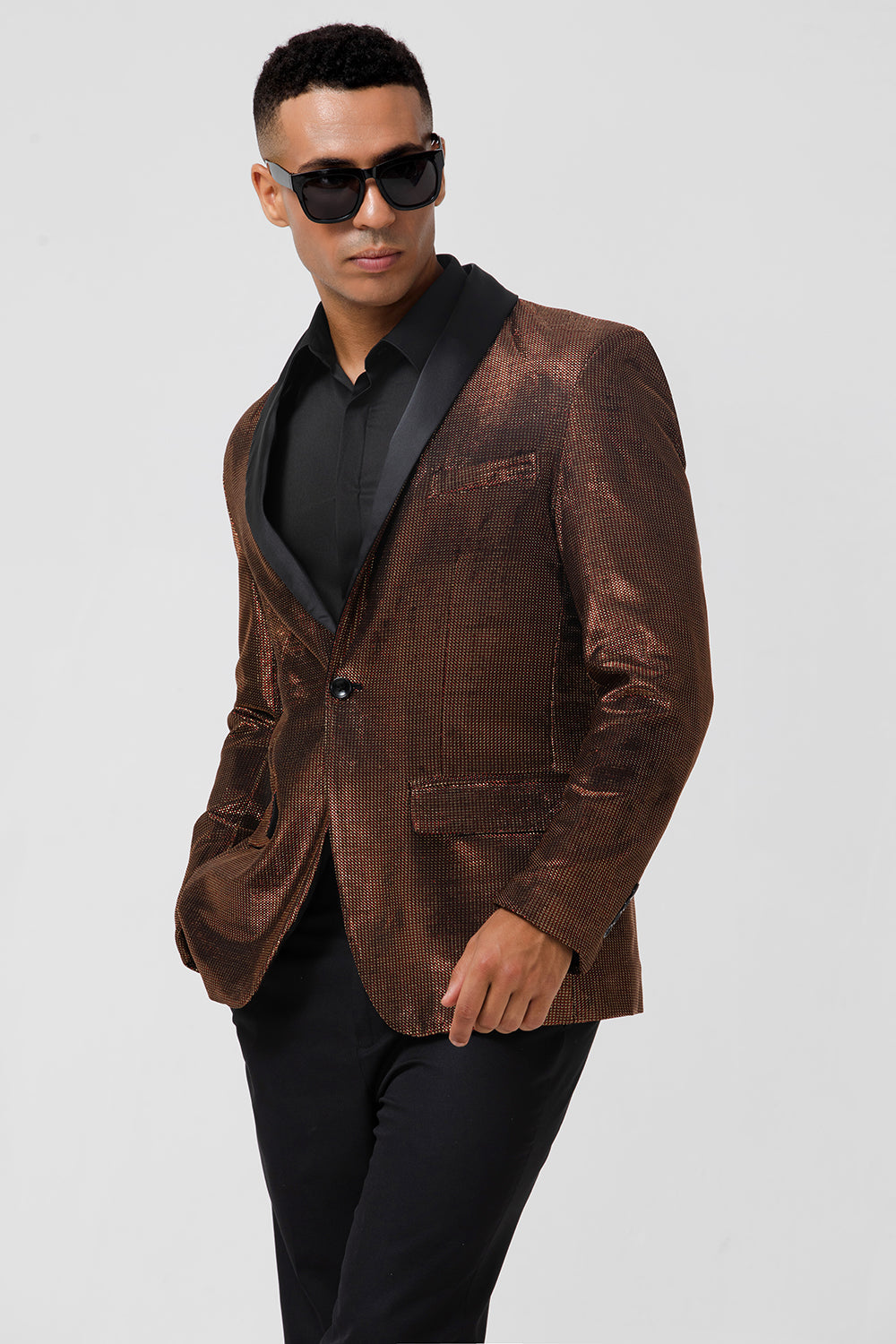 Mantón marrón solapa Blazer de fiesta para hombre con un botón