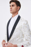 Blazer de hombre con solapa de chal bordado floral blanco brillante