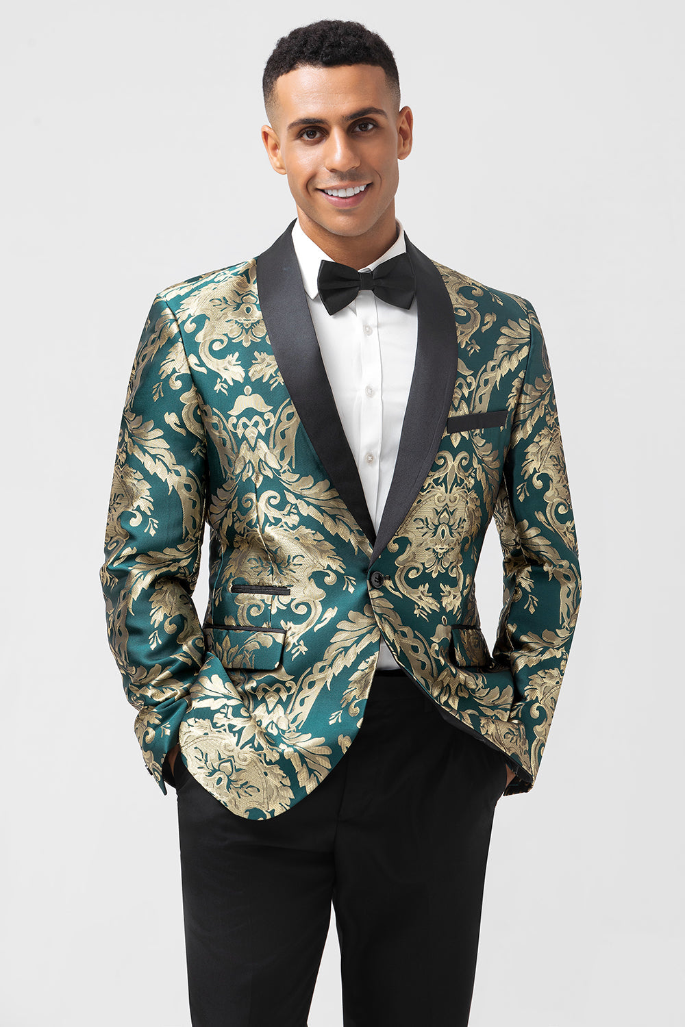 Blazer de fiesta de jacquard para hombre de jacquard verde oscuro con solapa chal