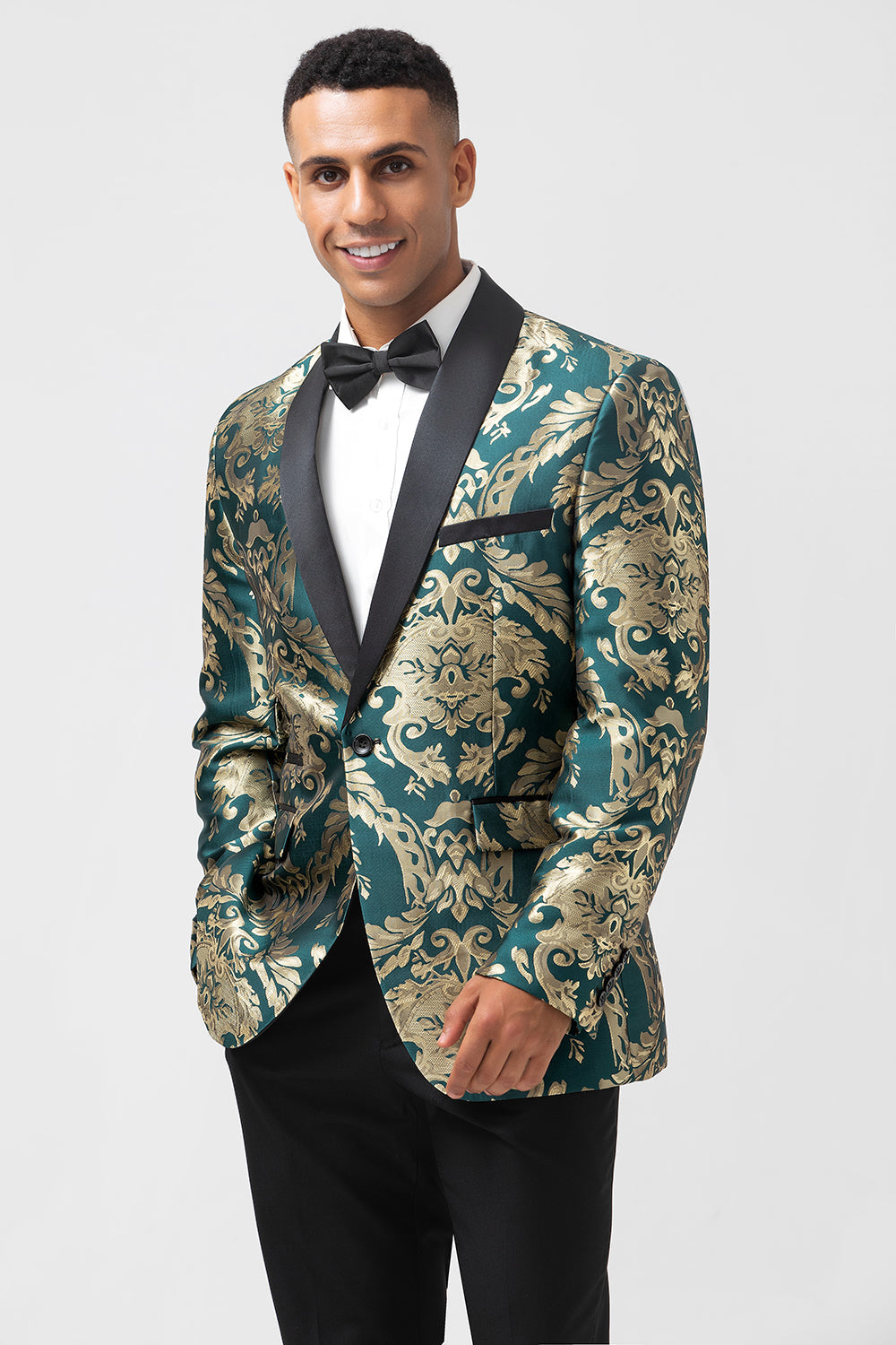 Blazer de fiesta de jacquard para hombre de jacquard verde oscuro con solapa chal