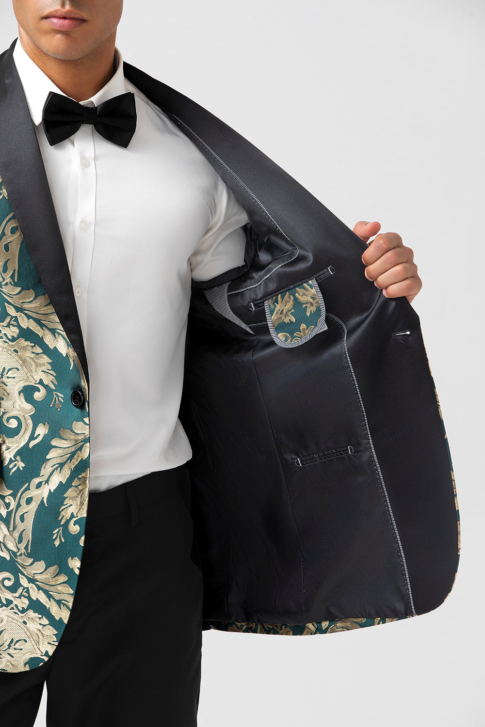 Blazer de fiesta de jacquard para hombre de jacquard verde oscuro con solapa chal