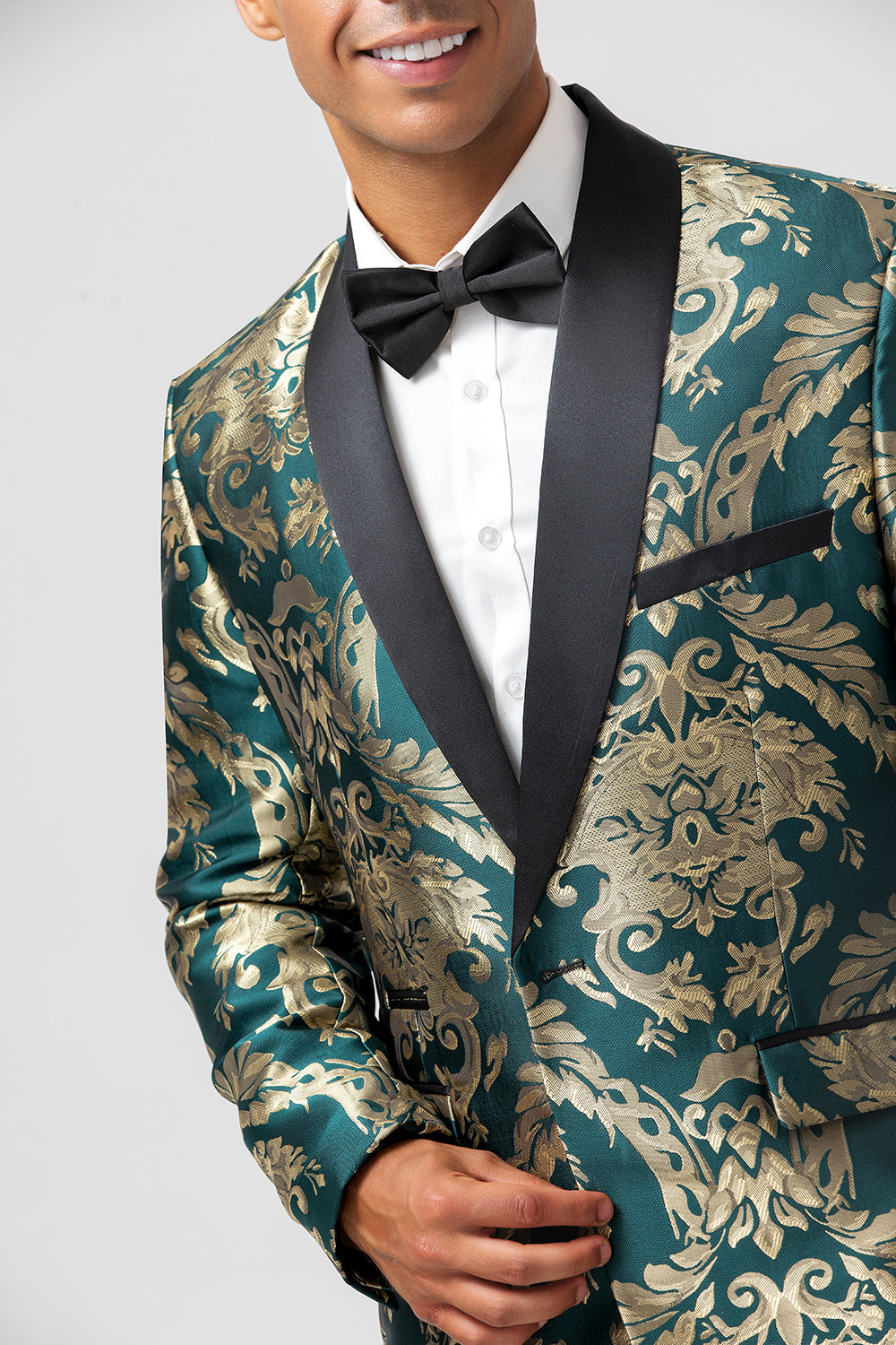 Blazer de fiesta de jacquard para hombre de jacquard verde oscuro con solapa chal