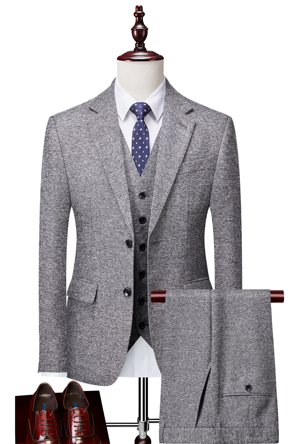 Traje de hombre gris cruzado de 3 piezas