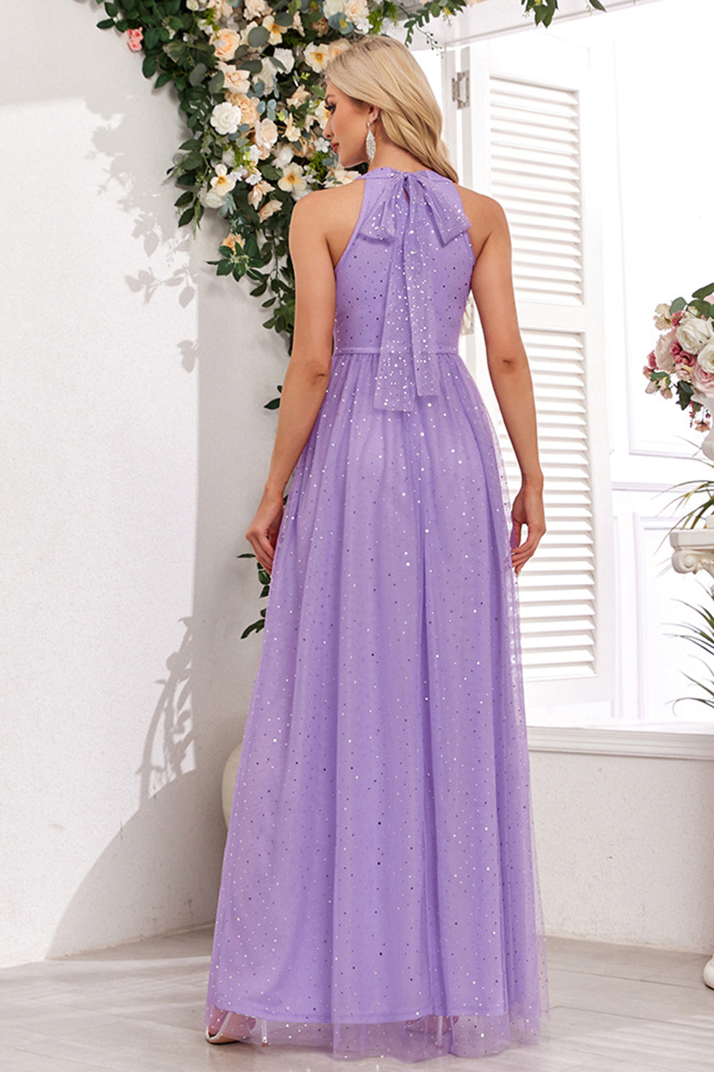 Vestido de fiesta largo halter púrpura brillante