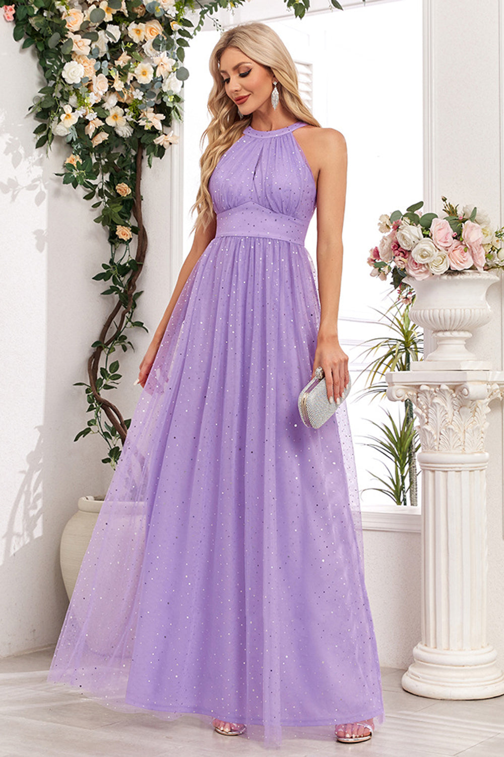 Vestido de fiesta largo halter púrpura brillante