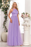 Vestido de fiesta largo halter púrpura brillante