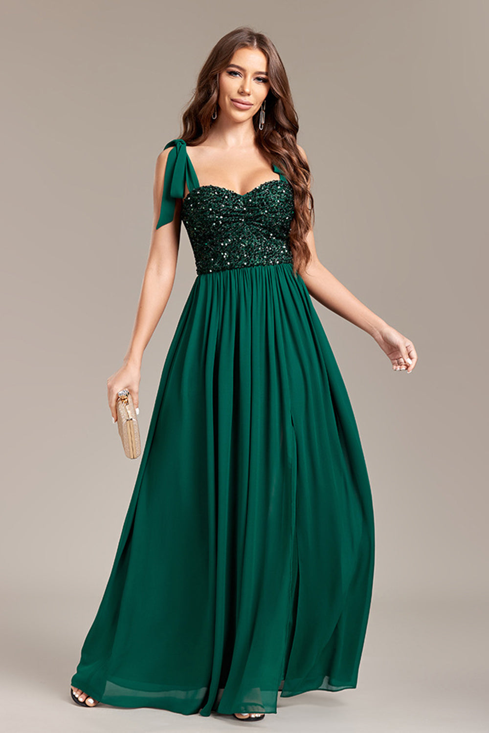 Vestido largo de fiesta de lentejuelas verdes brillantes con abertura