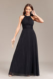 Vestido de fiesta largo halter de línea A negro con espalda abierta