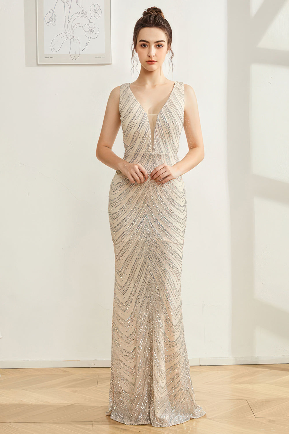Vestido de fiesta largo con cuello en V de sirena plateada brillante