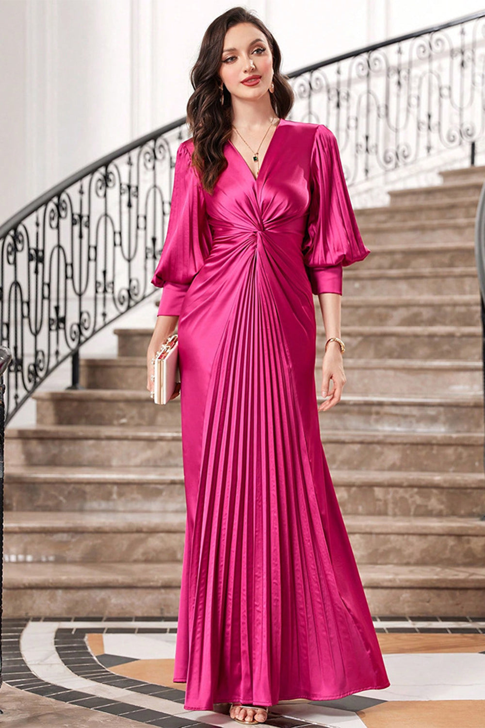 Vestido de fiesta largo plisado fucsia con mangas farol