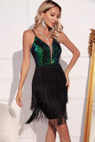 Vestido de cóctel corto corto de lentejuelas con flecos negros verde brillante