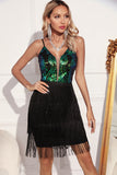 Vestido de cóctel corto corto de lentejuelas con flecos negros verde brillante