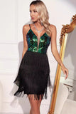 Vestido de cóctel corto corto de lentejuelas con flecos negros verde brillante