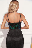Vestido de cóctel corto corto de lentejuelas con flecos negros verde brillante