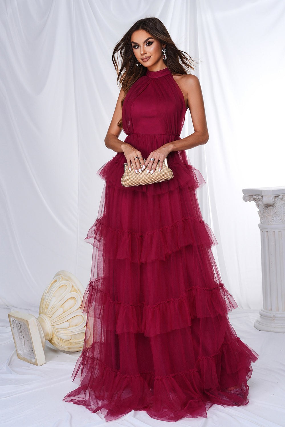 Vestido de fiesta largo de tul escalonado halter burdeos A Line