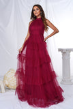 Vestido de fiesta largo de tul escalonado halter burdeos A Line