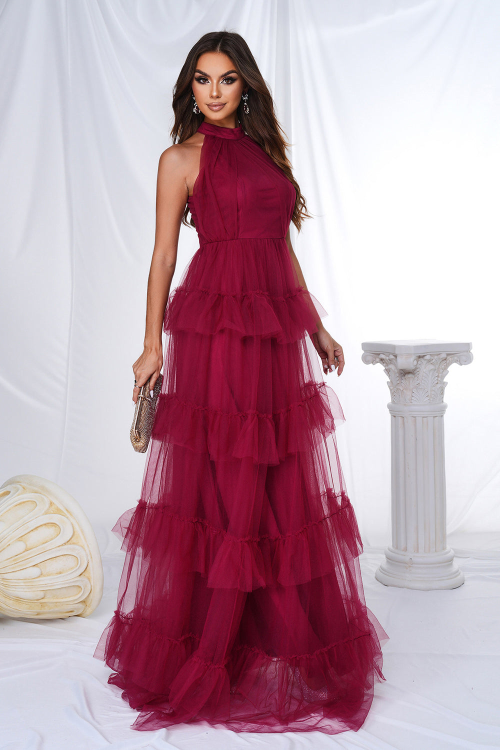 Vestido de fiesta largo de tul escalonado halter burdeos A Line