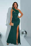 Vestido de fiesta largo verde sirena de un hombro con abertura