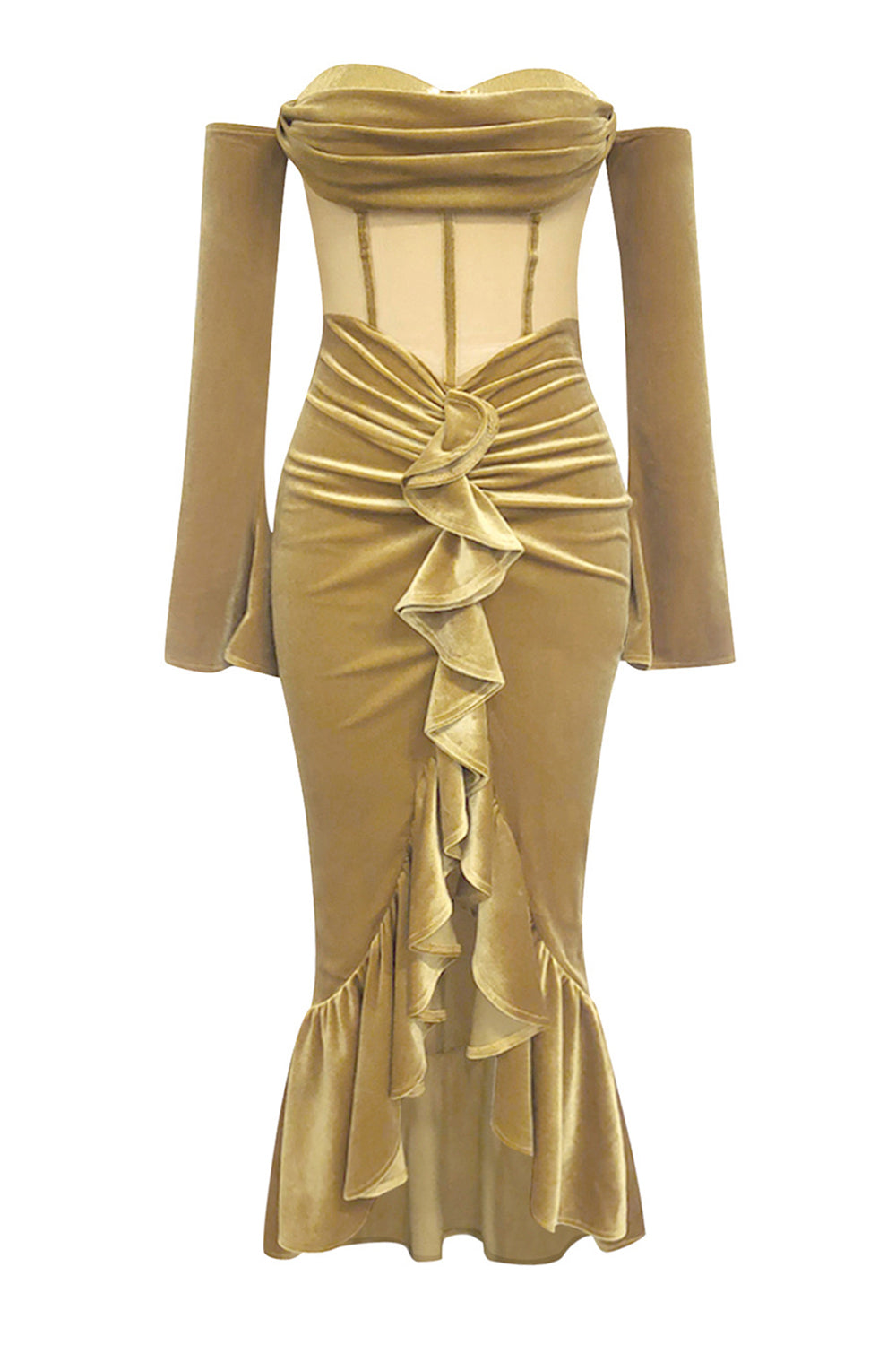 Vestido de fiesta con volantes y corsé de terciopelo ajustado caqui con novia y mangas largas