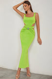Vestido de fiesta formal largo plisado plisado verde de una línea de cuello cuadrado