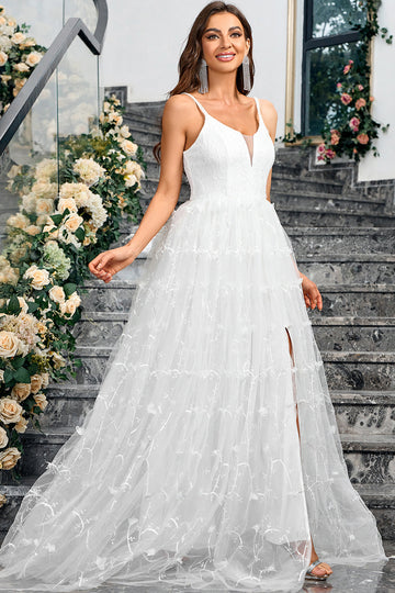 Vestido de fiesta formal largo de tul con escote en V blanco A Line con abertura