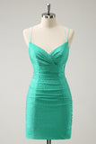 Vestido de fiesta corto ajustado con cuentas espalda descubierta y tirantes finos de color verde