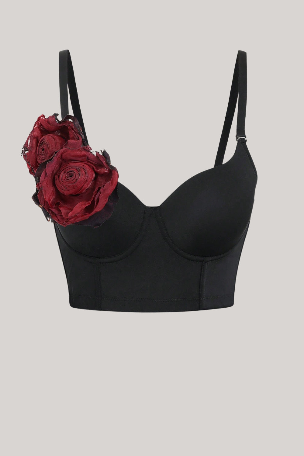 Elegante Top Corto Negro con Flor Roja
