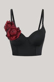 Elegante Top Corto Negro con Flor Roja