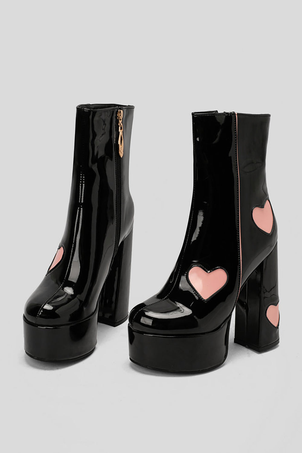 Botas de tacón alto con plataforma de cuero PU negro con corazones rosas
