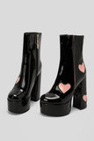 Botas de tacón alto con plataforma de cuero PU negro con corazones rosas