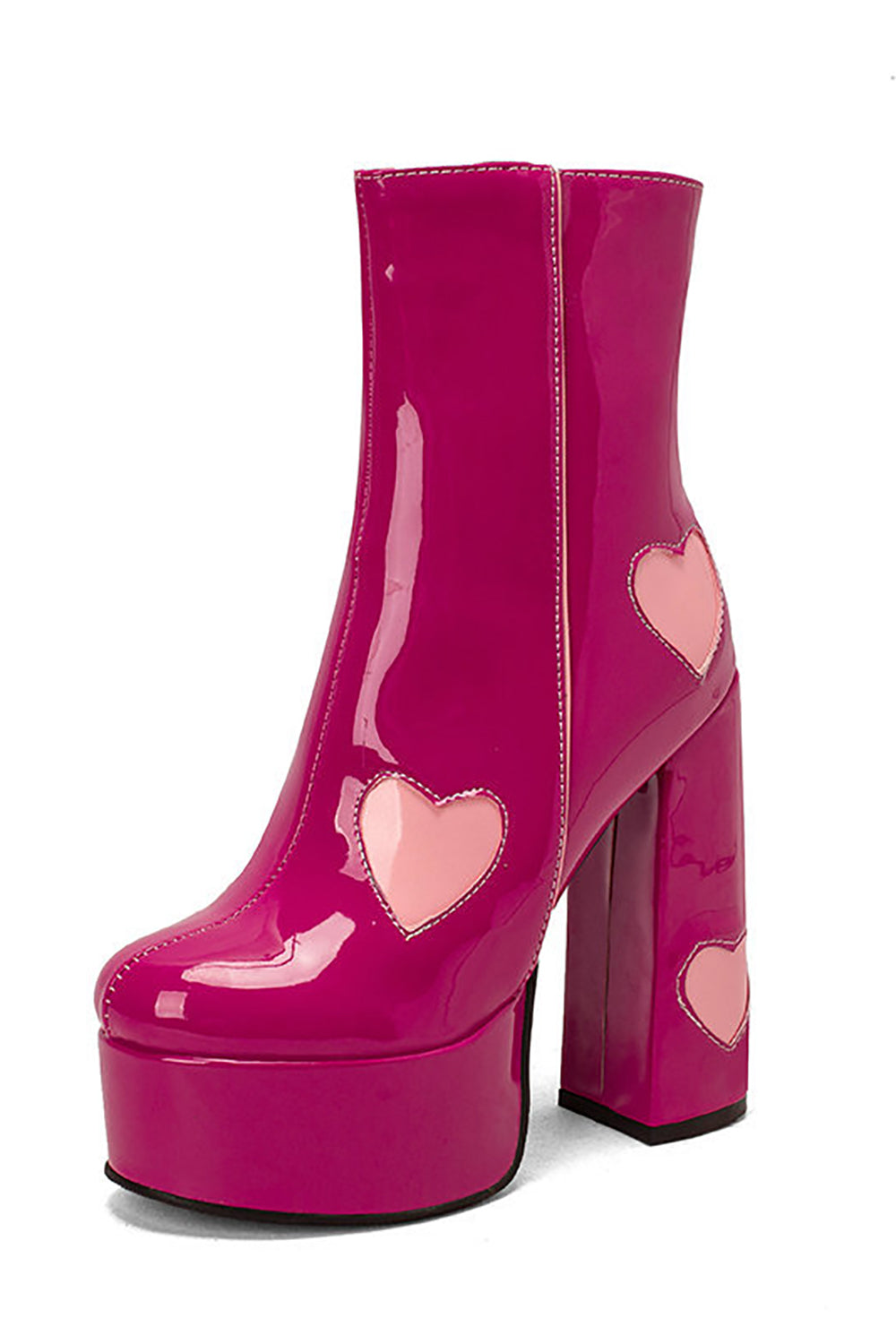 Botas de tacón alto con plataforma de cuero PU negro con corazones rosas