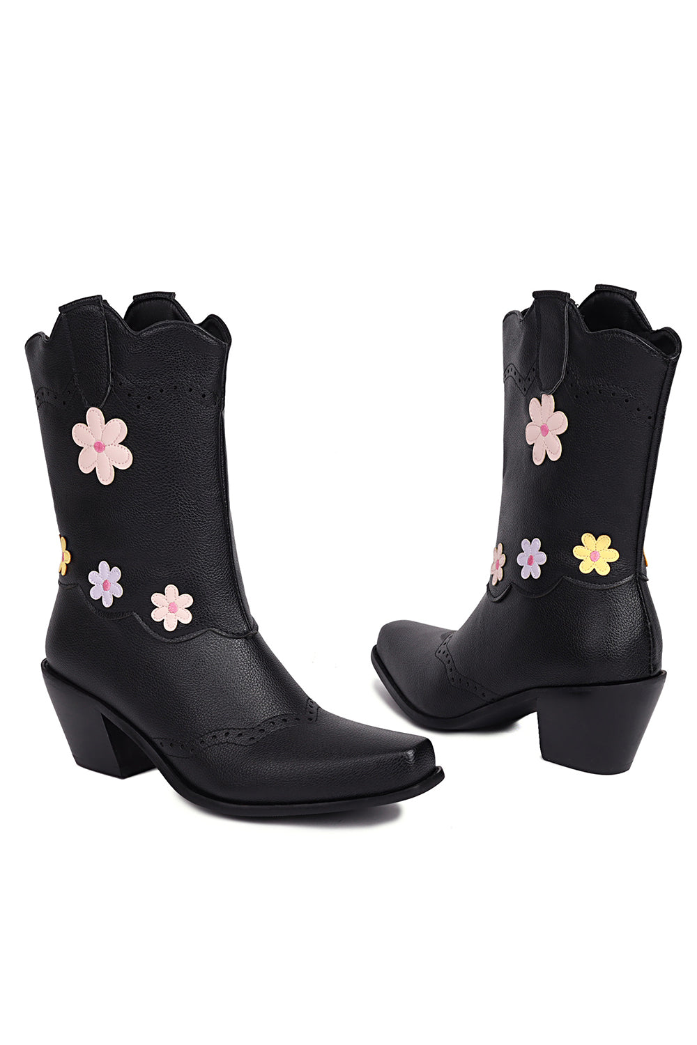 Botas vaqueras negras de tacón grueso a media pantorrilla
