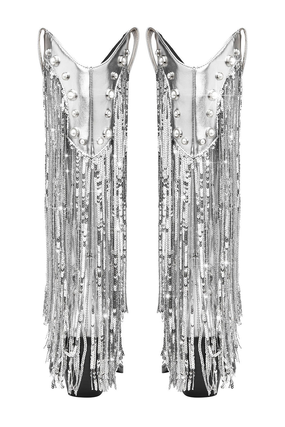 Botas de media pantorrilla con tacón grueso y punta puntiaguda azul con flecos azules para mujer