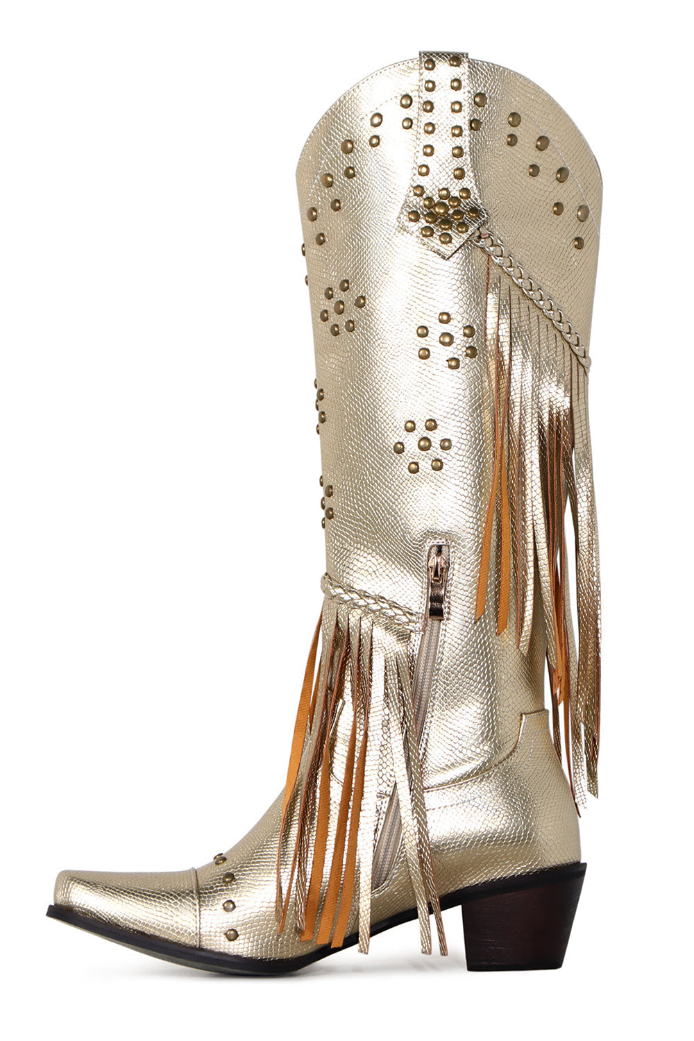 Botas Hell gruesas con flecos negros con pedrería y puntera para mujer