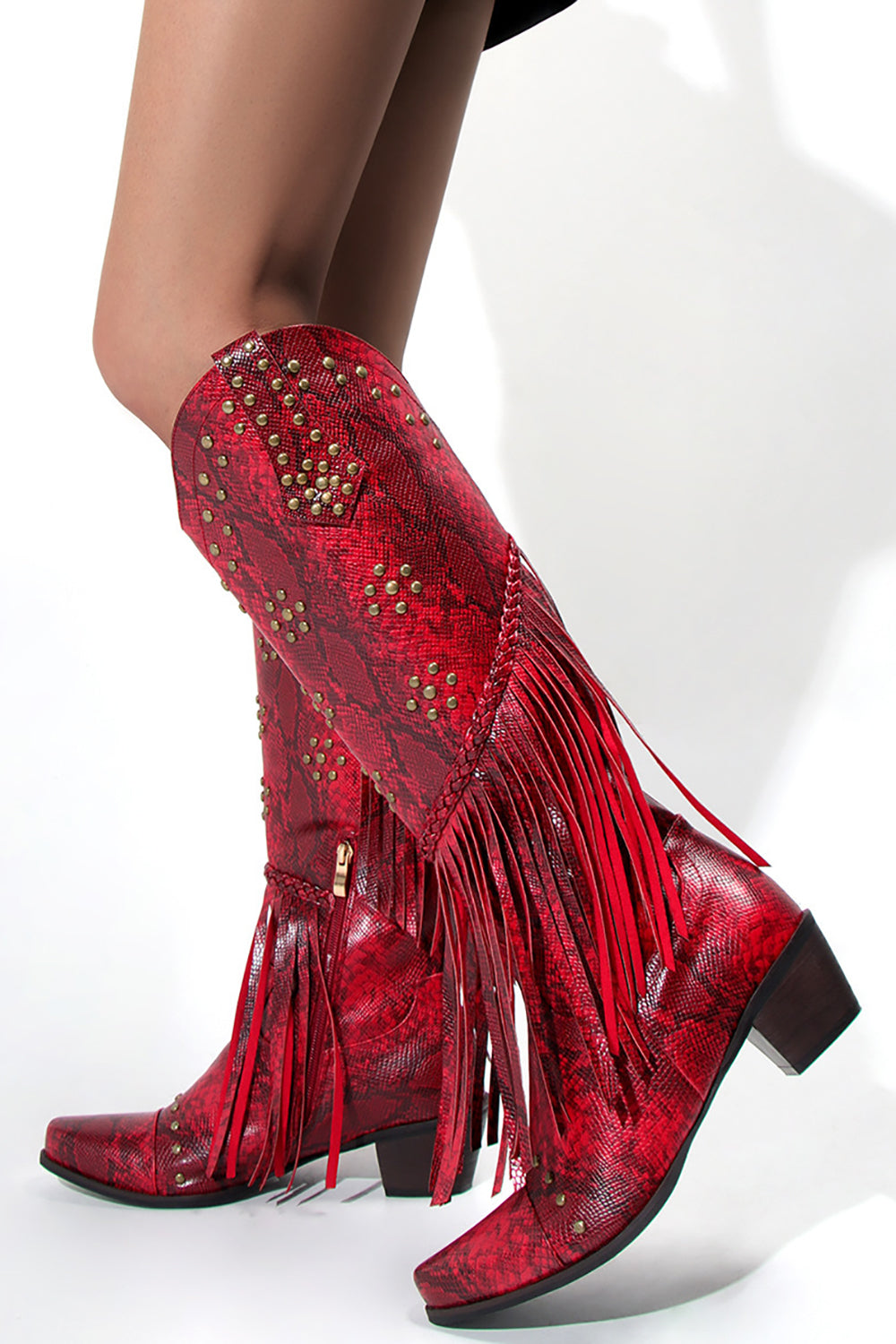 Botas Hell gruesas con flecos negros con pedrería y puntera para mujer