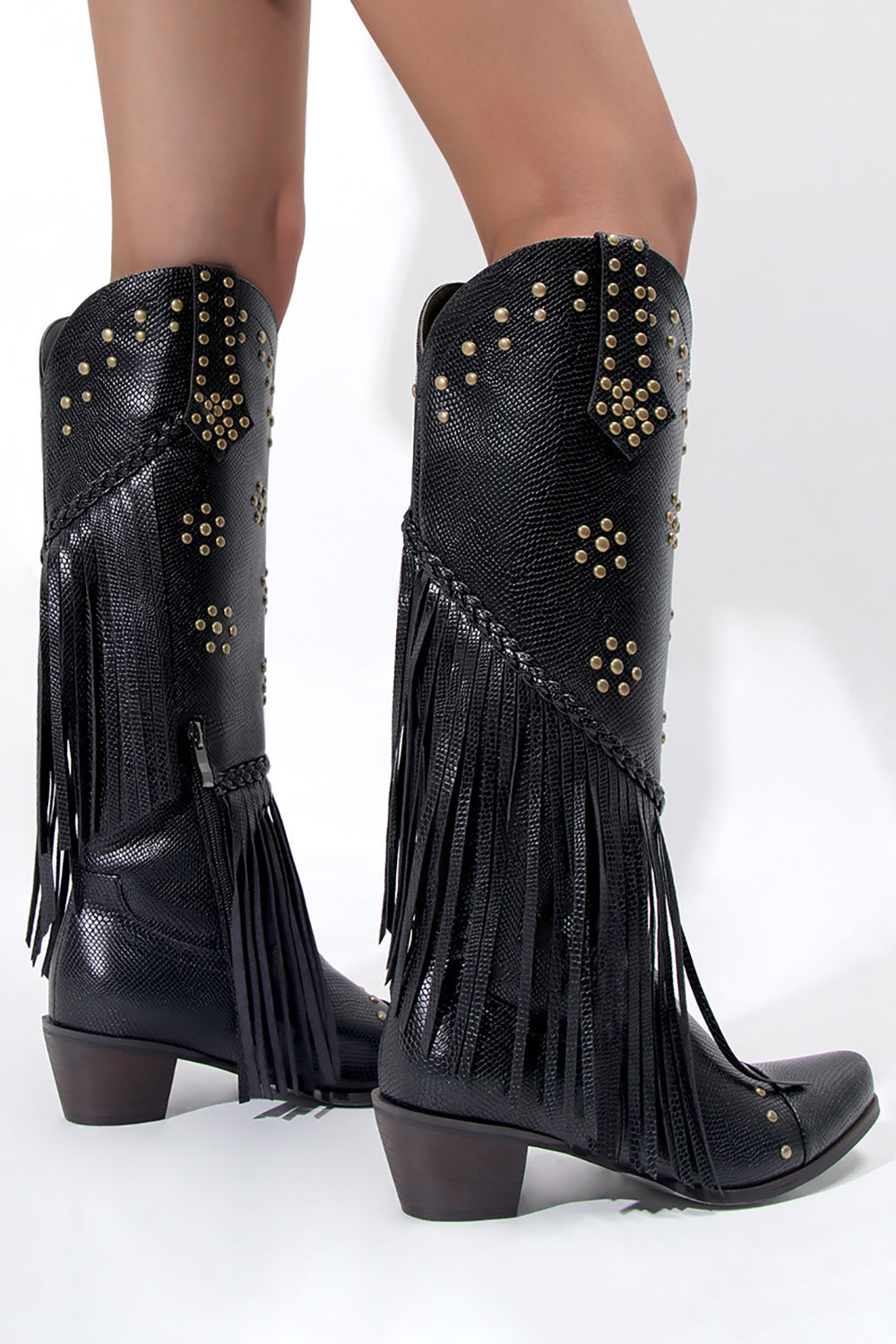 Botas Hell gruesas con flecos negros con pedrería y puntera para mujer