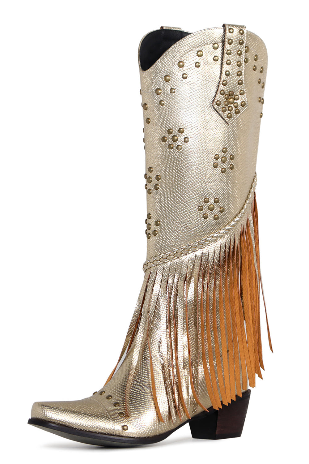 Botas Hell gruesas con flecos negros con pedrería y puntera para mujer