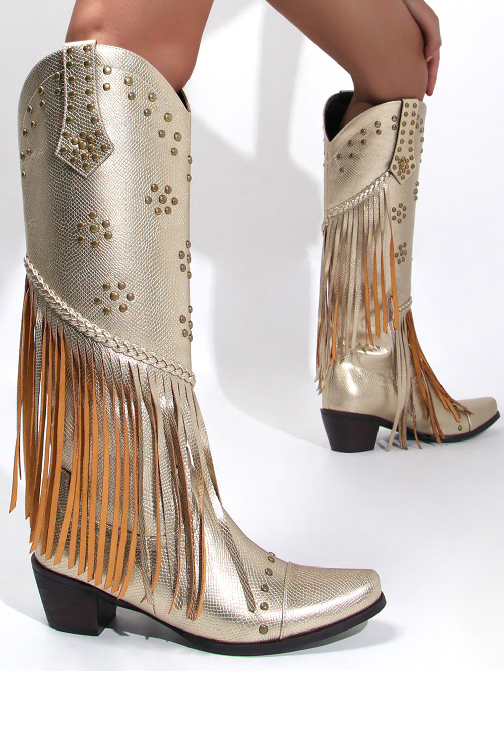 Botas Hell gruesas con flecos negros con pedrería y puntera para mujer