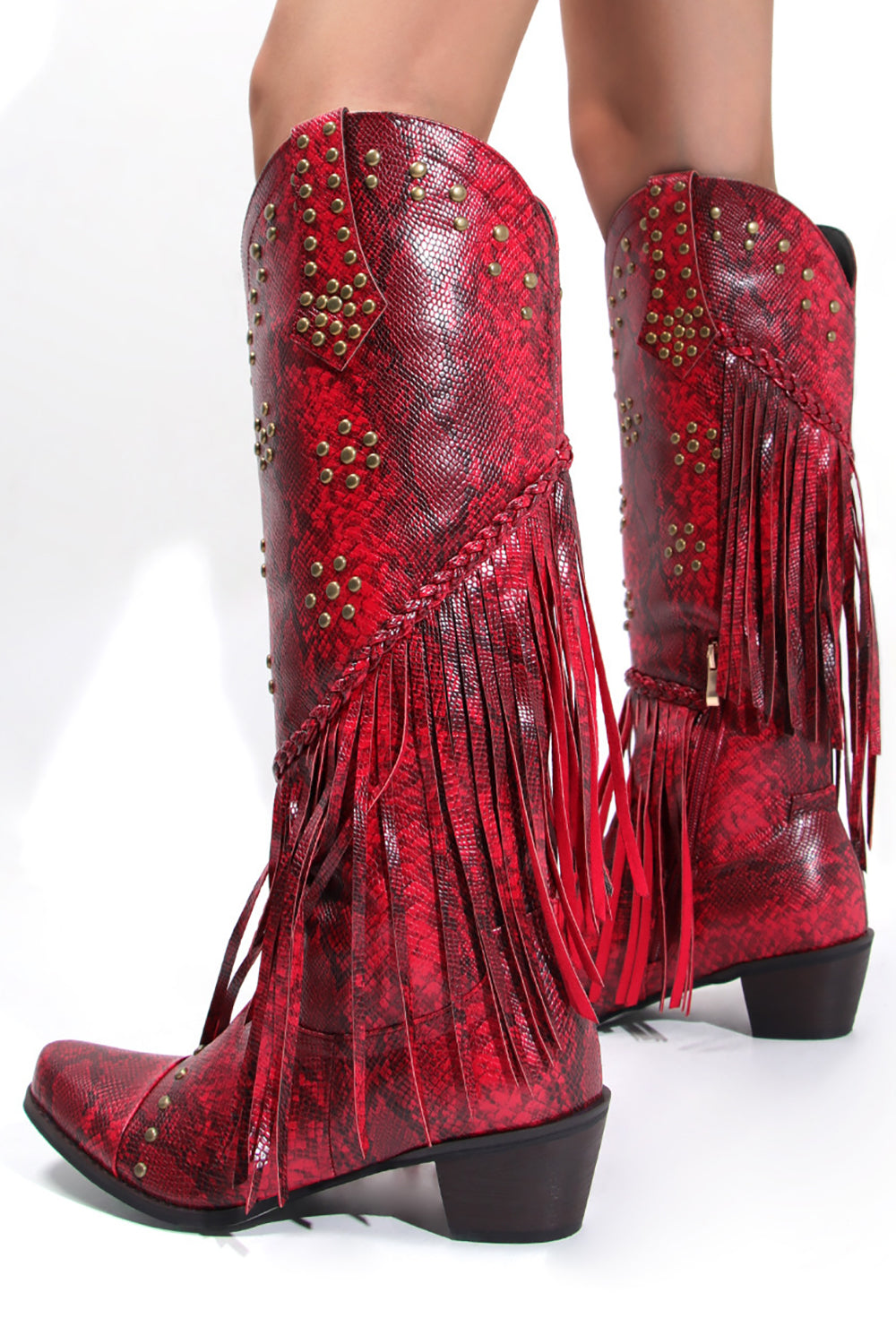 Botas Hell gruesas con flecos negros con pedrería y puntera para mujer