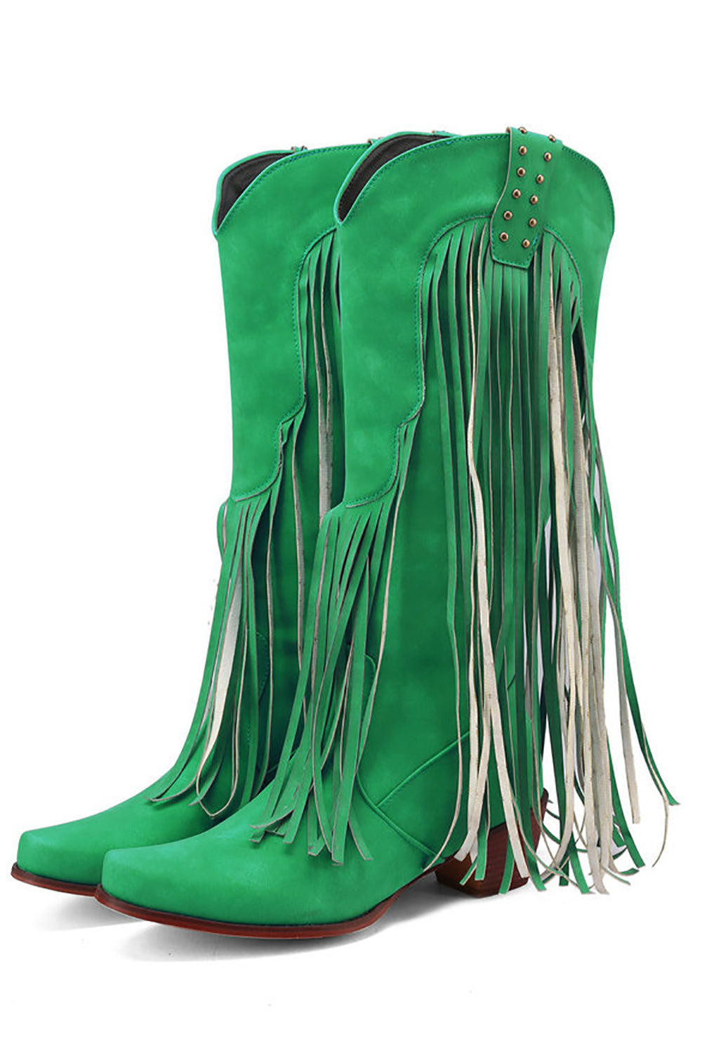 Botas de tacón grueso con punta puntiaguda azul y vetas de madera con borla