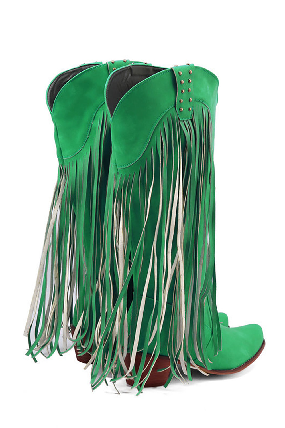 Botas de tacón grueso con punta puntiaguda azul y vetas de madera con borla